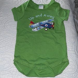 9 months one Piece embroidery & appliqué UP AND AWAY with a airplane.